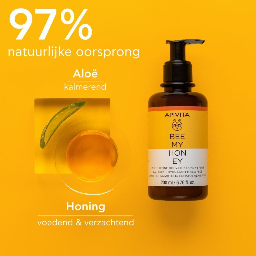 Product op gele achtergrond. 97% natuurlijke ingrediënten. Honing en Aloë.