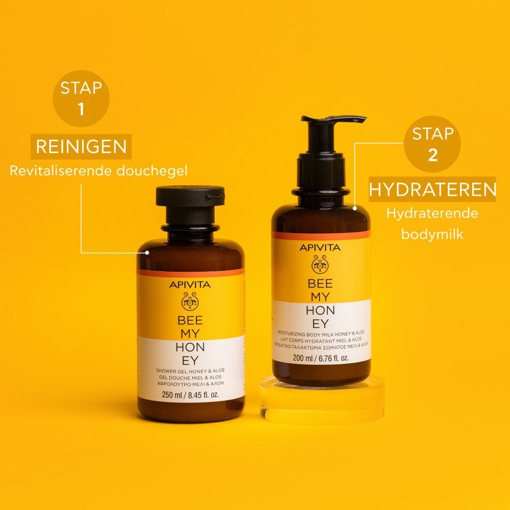 Twee producten op gele achtergrond. Stap 1: Reinigen. Stap 2: Hydrateren.