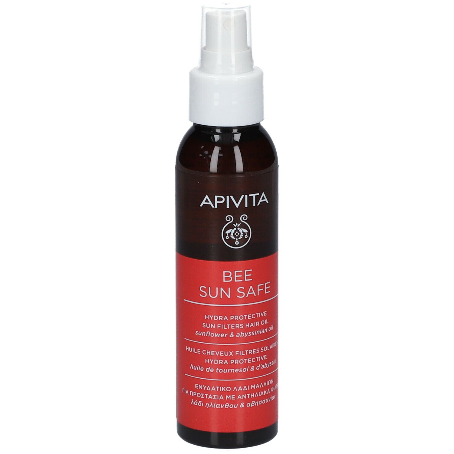 Bruine fles met verstuiver. Rode sticker met tekst. Merk: Apivita. Product: Bee Sun Safe Hair Oil.