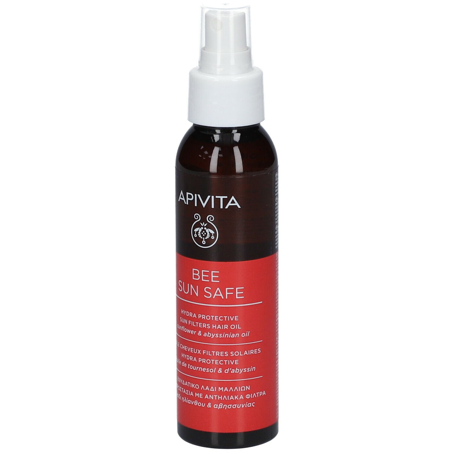 Bruine fles met verstuiver. Rode sticker met tekst. Merk: Apivita. Product: Bee Sun Safe Hair Oil.