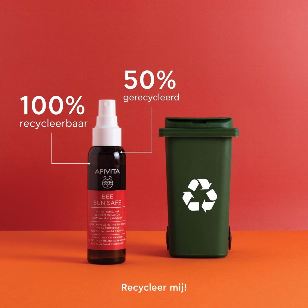 Productfles, vuilnisbak en recyclingsymbool. Tekst: 100% recyclebaar, 50% gerecycled.