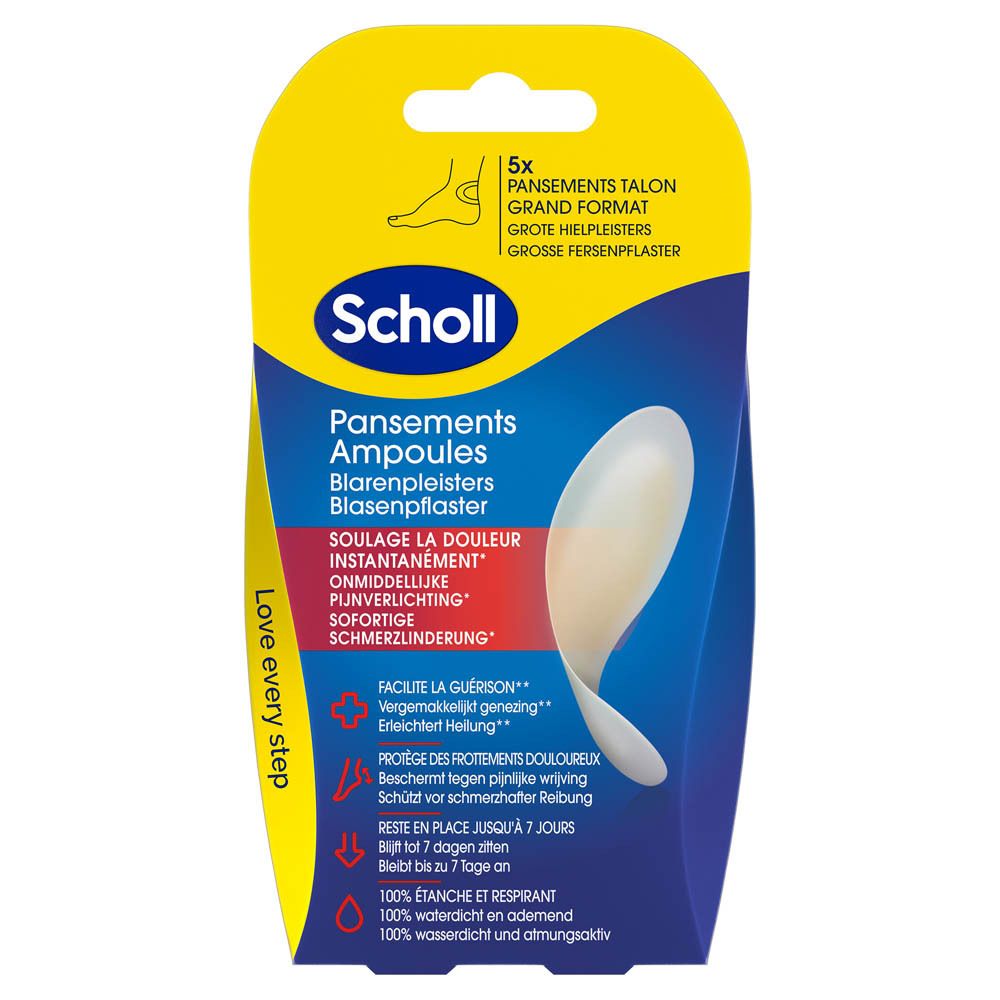 Scholl Pharma, pansements ampoules grand format, 5 unités. Emballage jaune avec illustration.
