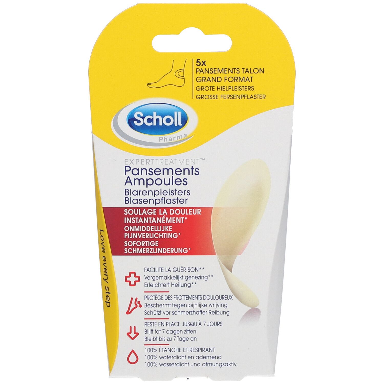 Scholl Pharma, pansements ampoules grand format, 5 unités. Emballage jaune avec illustration.