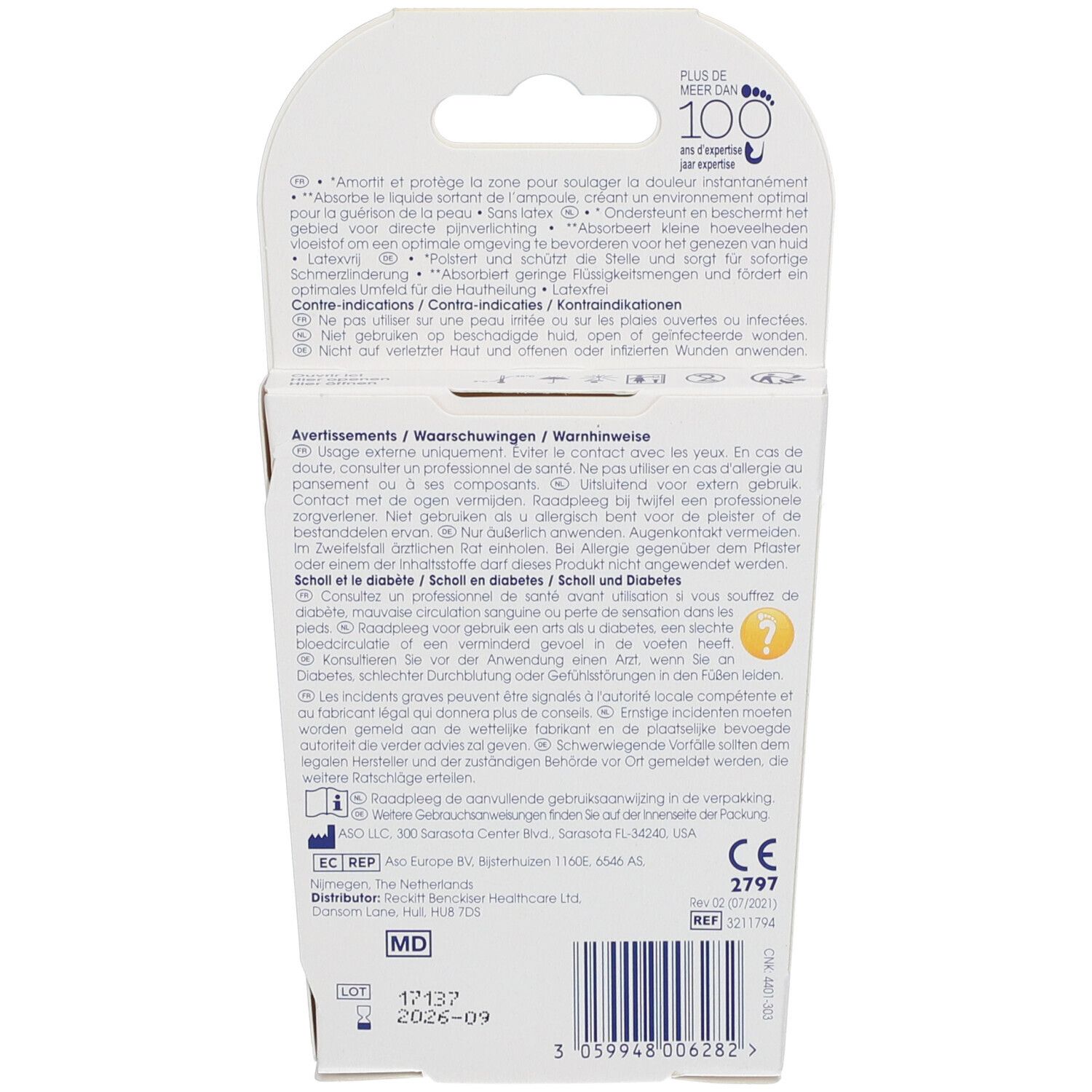 Dos de l'emballage des pansements ampoules Scholl Pharma. Texte multilingue, marquage CE.