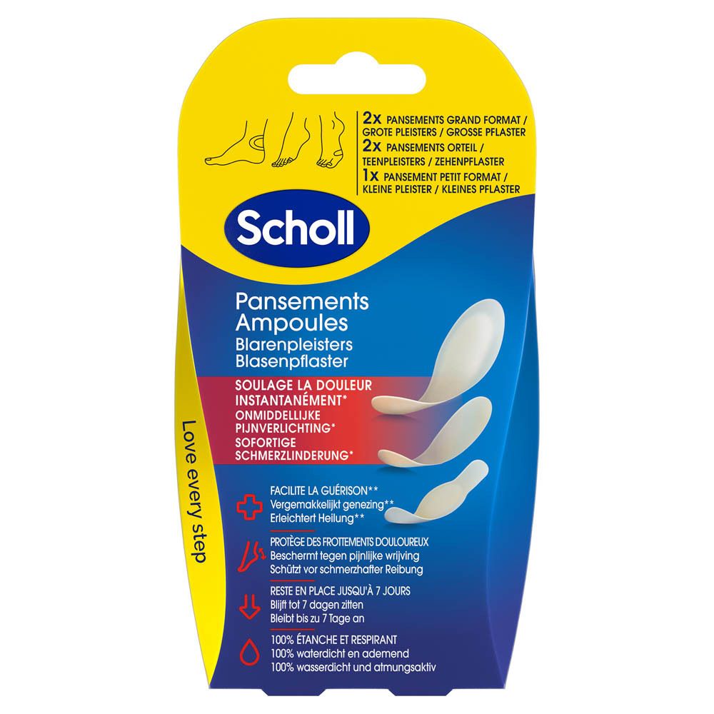 Emballage de pansements ampoules Scholl Pharma. Contient trois pansements, design jaune et bleu, avec informations.