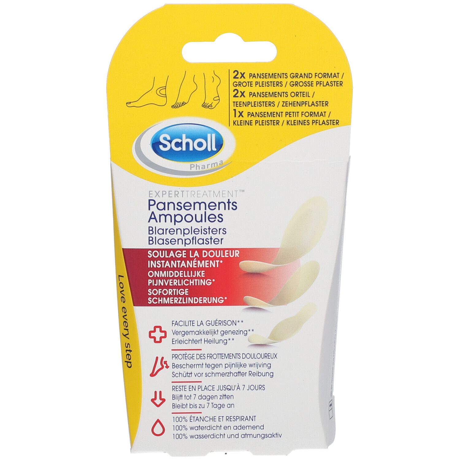 Emballage de pansements ampoules Scholl Pharma. Contient trois pansements, design jaune et blanc, avec informations.