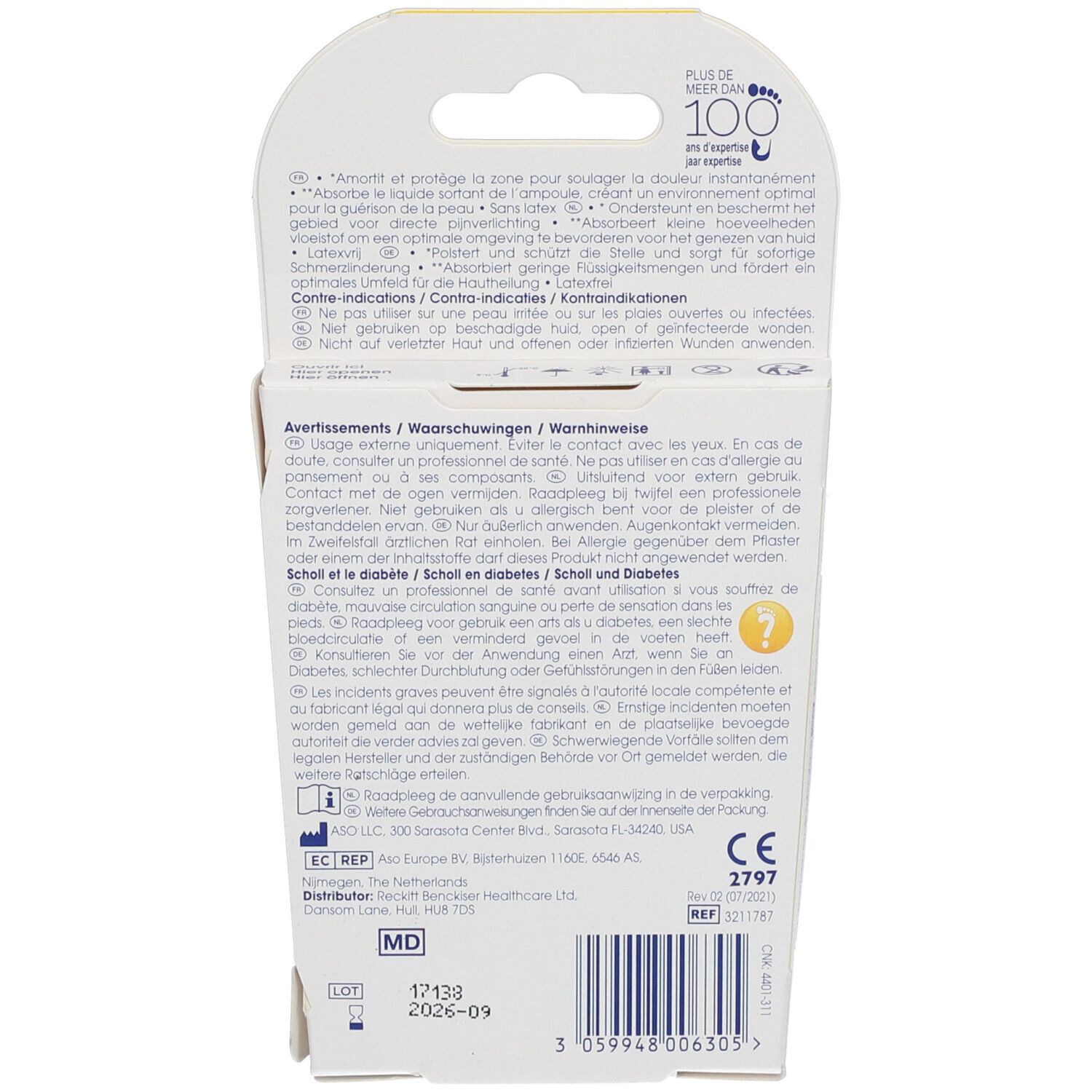 Dos de l'emballage des pansements ampoules Scholl Pharma. Texte multilingue, avertissements et coordonnées.