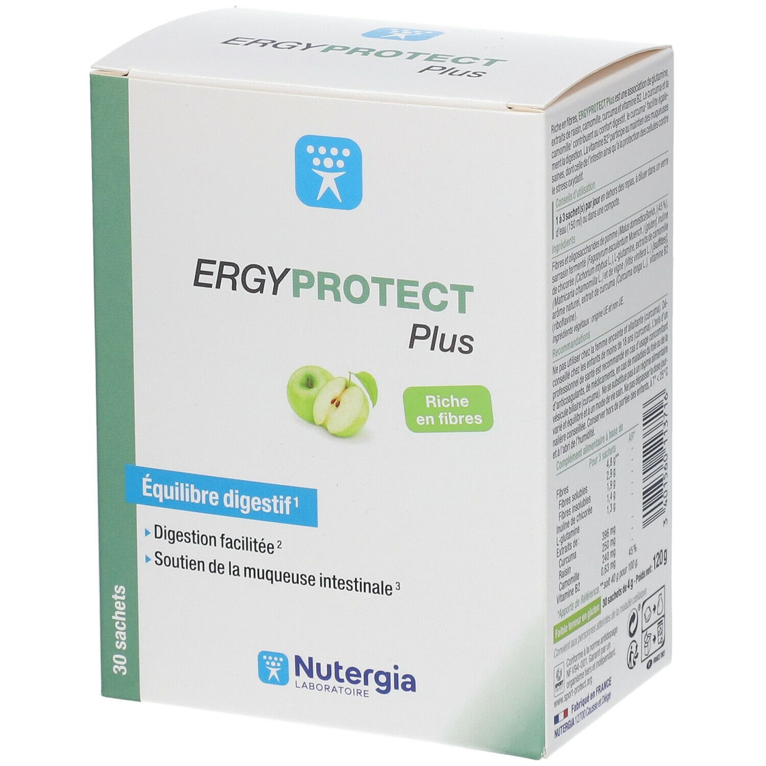 Boîte ERGYPROTECT Plus. Inscription : Équilibre digestif, 30 sachets, Nutergia Laboratoire.