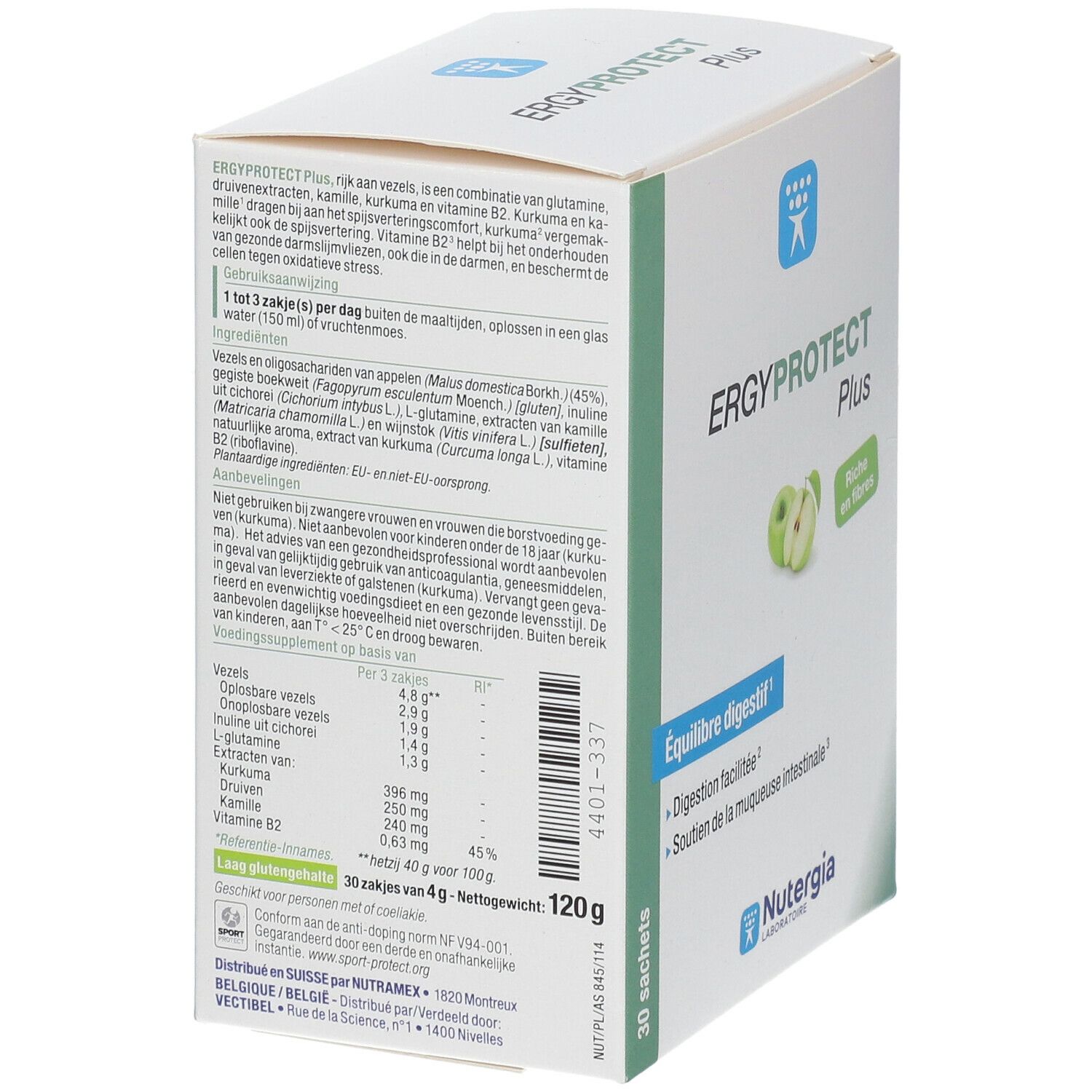 Dos de la boîte ERGYPROTECT Plus. Texte en néerlandais. 120g, 30 sachets.