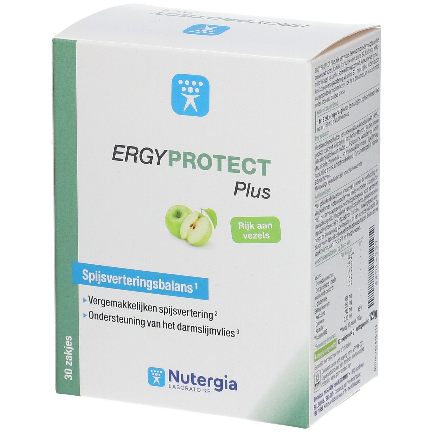 Boîte ERGYPROTECT Plus. Inscription : Spijsverteringsbalans, 30 sachets, Nutergia Laboratoire.