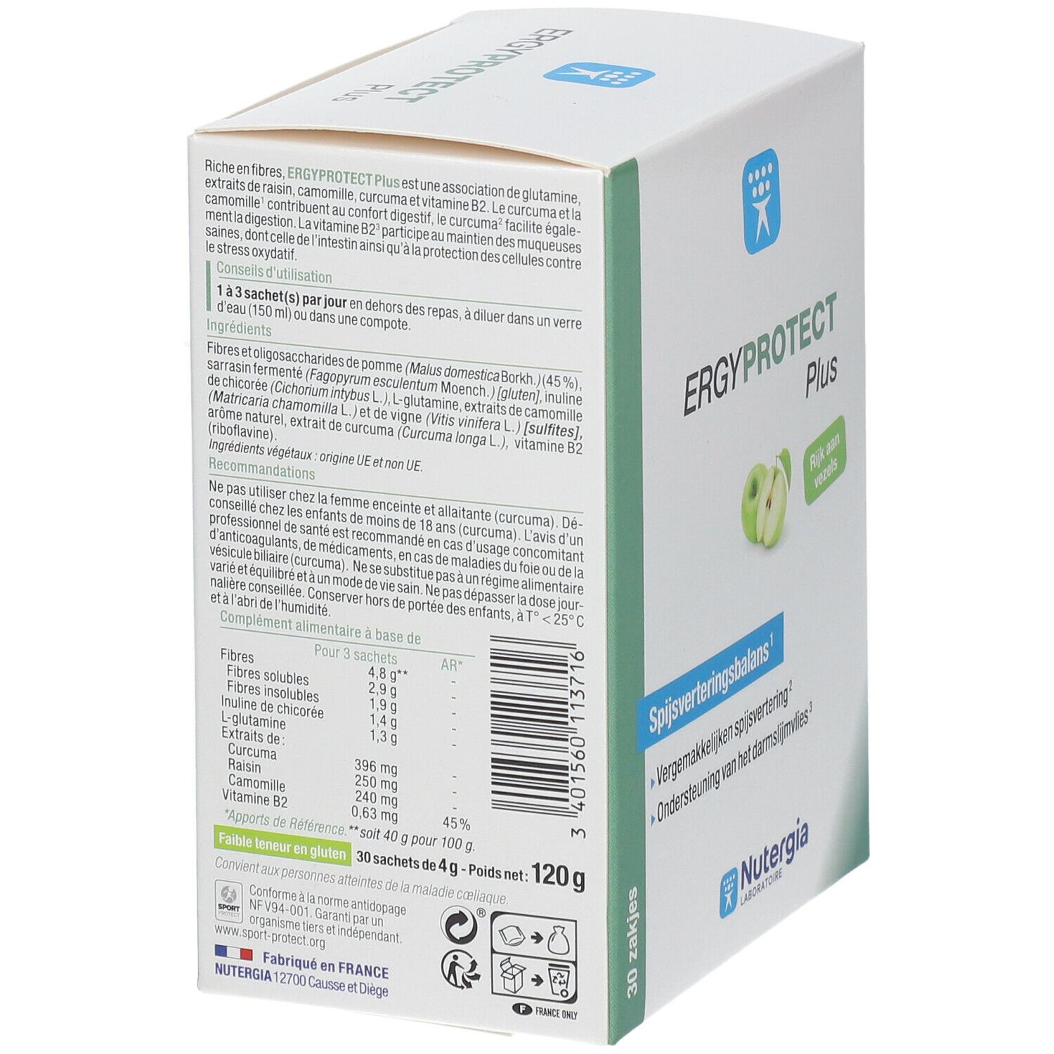 Dos de la boîte ERGYPROTECT Plus. Texte en français. 120g, 30 sachets.