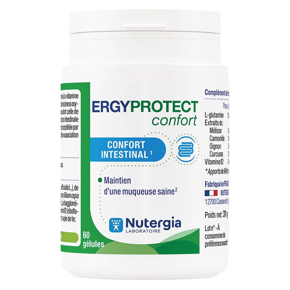 Flacon blanc de gélules. Inscription: ERGYPROTECT confort, Confort intestinal. Marque: Nutergia. 60 gélules.