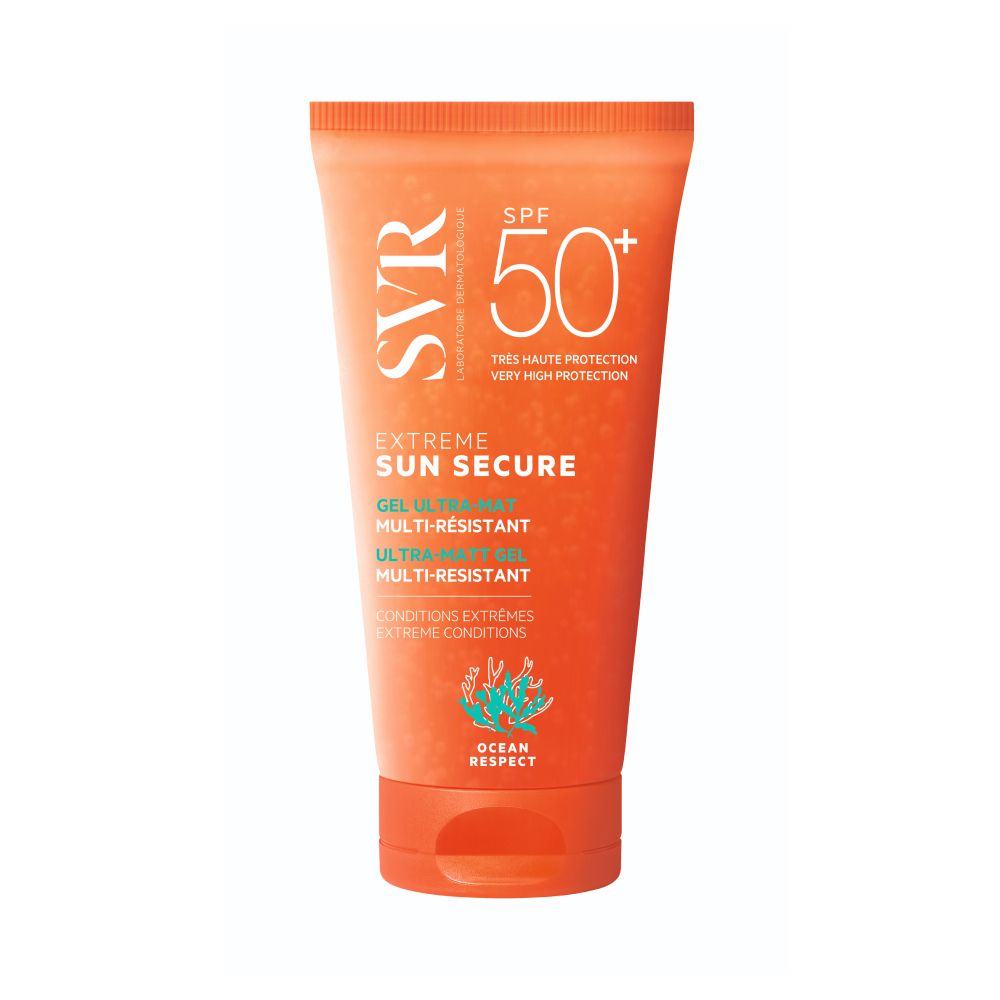 Tube orange. Logo SVR, SPF 50+, Extreme Sun Secure, Gel Ultra-Mat. Logo Ocean Respect.