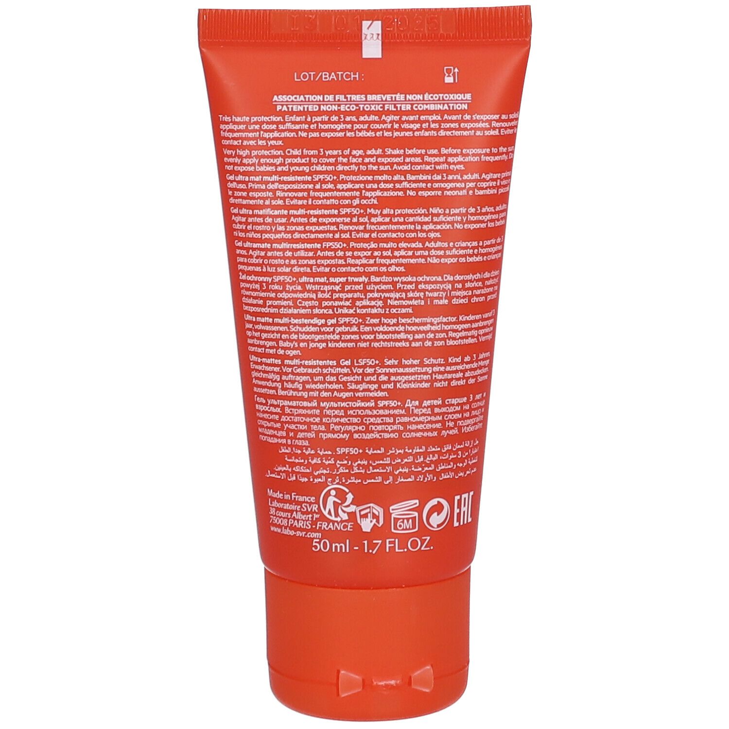 Dos d'un tube orange. Texte multilingue. 50 ml, 1.7 FL.OZ. Symbole 6M.