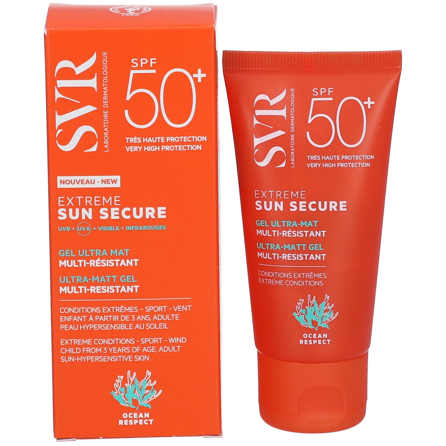 Boîte et tube orange. Logo SVR, SPF 50+, Extreme Sun Secure, Gel Ultra-Mat. Logo Ocean Respect.