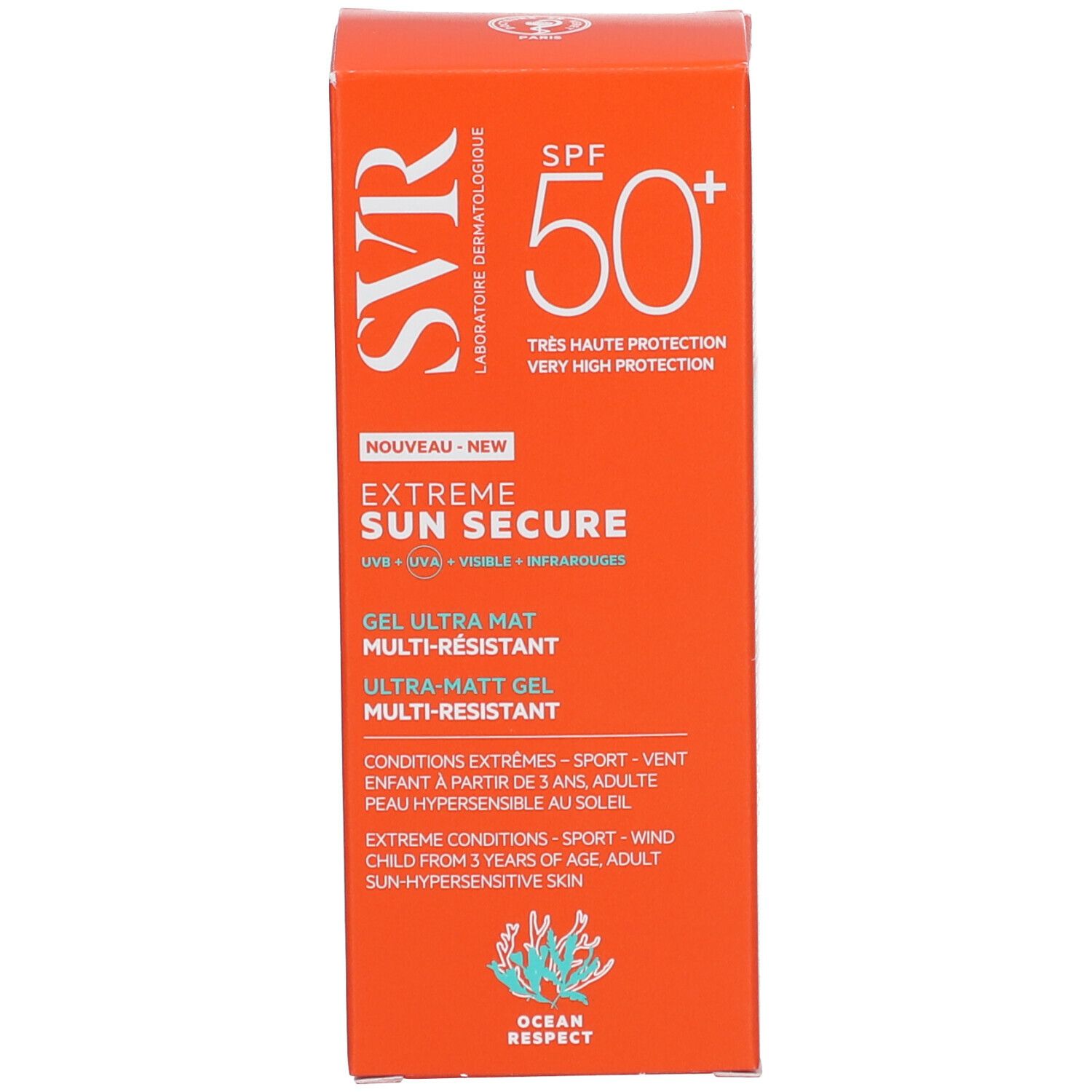 Boîte orange. Logo SVR, SPF 50+, Extreme Sun Secure, Gel Ultra-Mat. Logo Ocean Respect.