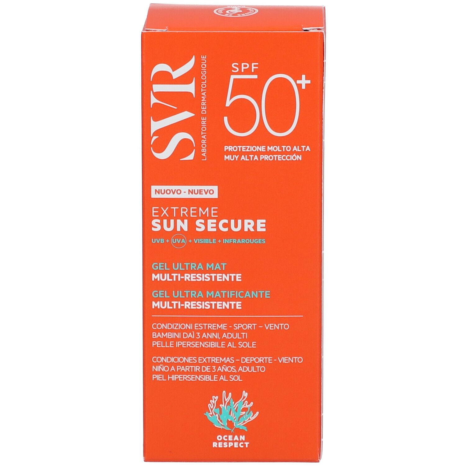 Boîte orange. Logo SVR, SPF 50+, Extreme Sun Secure, Gel Ultra-Mat. Logo Ocean Respect.
