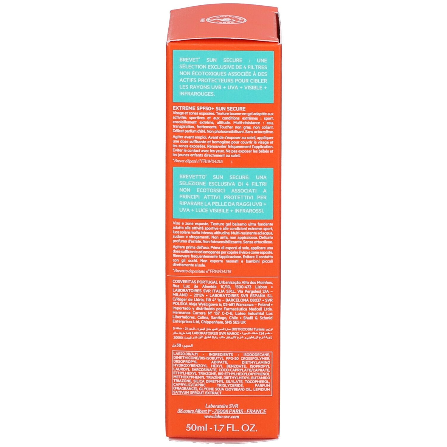 Dos d'une boîte orange. Texte multilingue. 50ml - 1.7 FL.OZ.