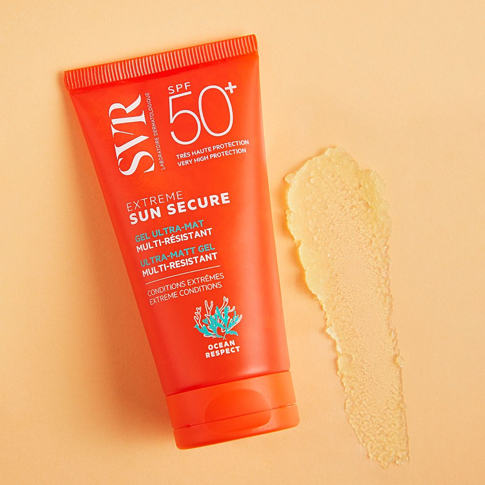 Tube orange et échantillon de gel. Logo SVR, SPF 50+, Extreme Sun Secure, Gel Ultra-Mat.