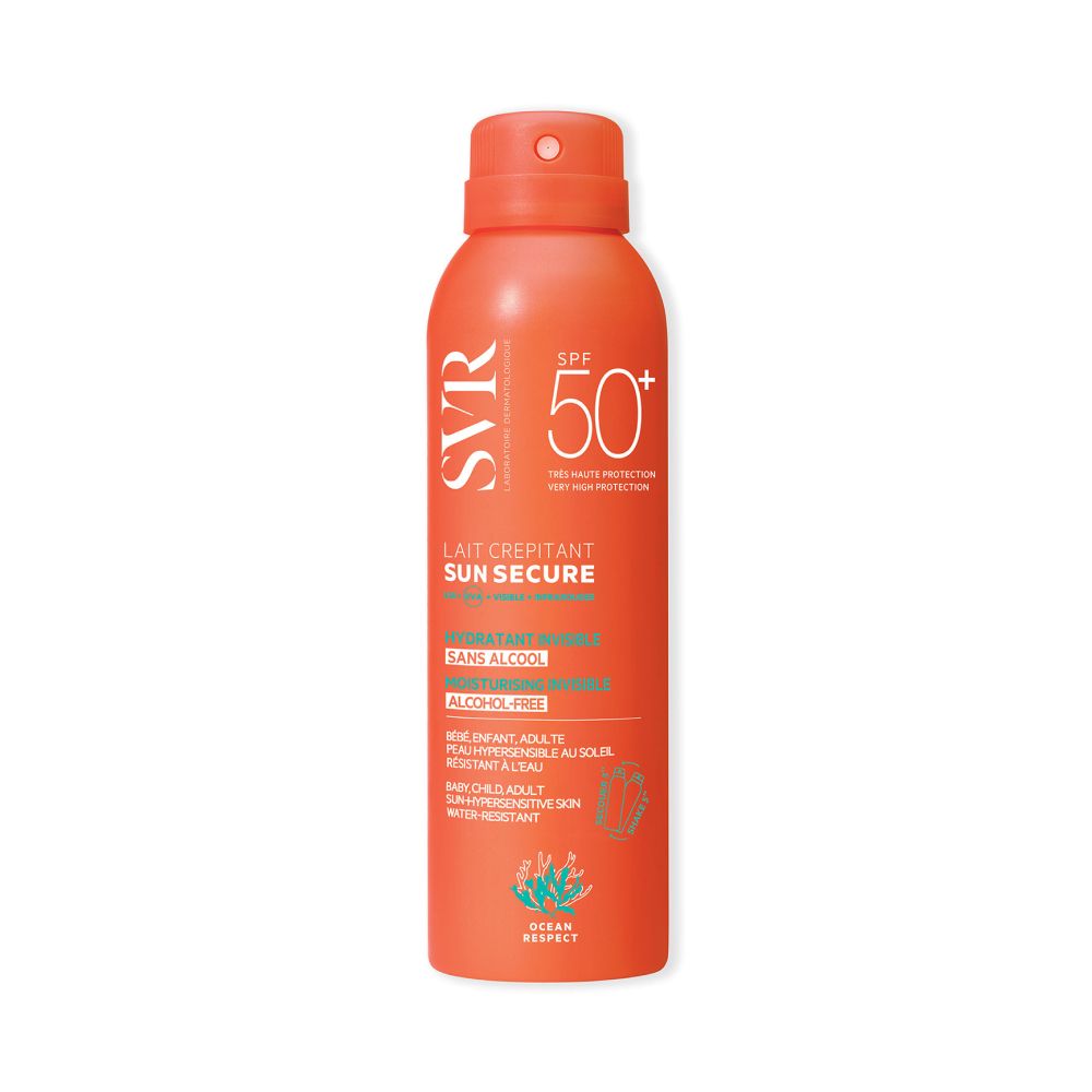 Flacon orange avec bouchon rouge. Inscriptions SVR, SUN SECURE, SPF 50+. Texte en français.
