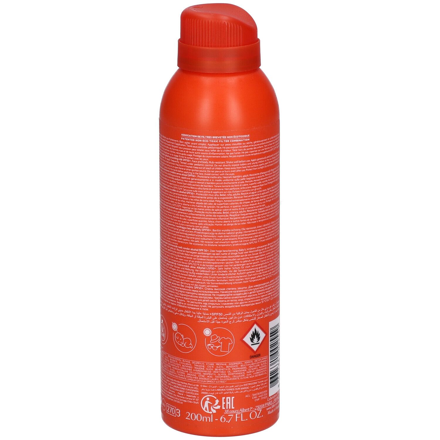 Dos du flacon orange. Texte en français. Avertissements et symboles.