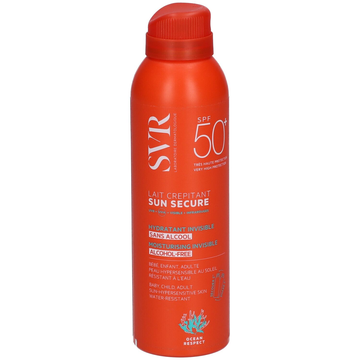 Flacon orange avec bouchon rouge. Inscriptions SVR, SUN SECURE, SPF 50+. Texte en français.