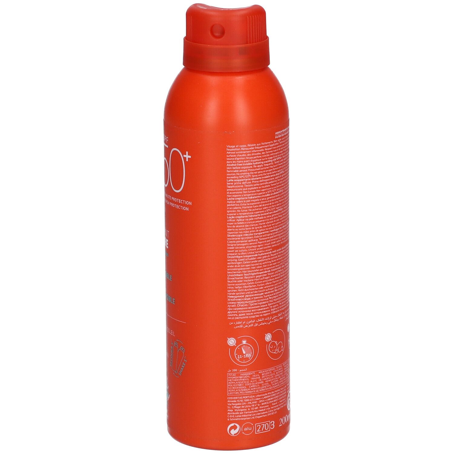 Dos du flacon orange. Texte en français. Avertissements et symboles.