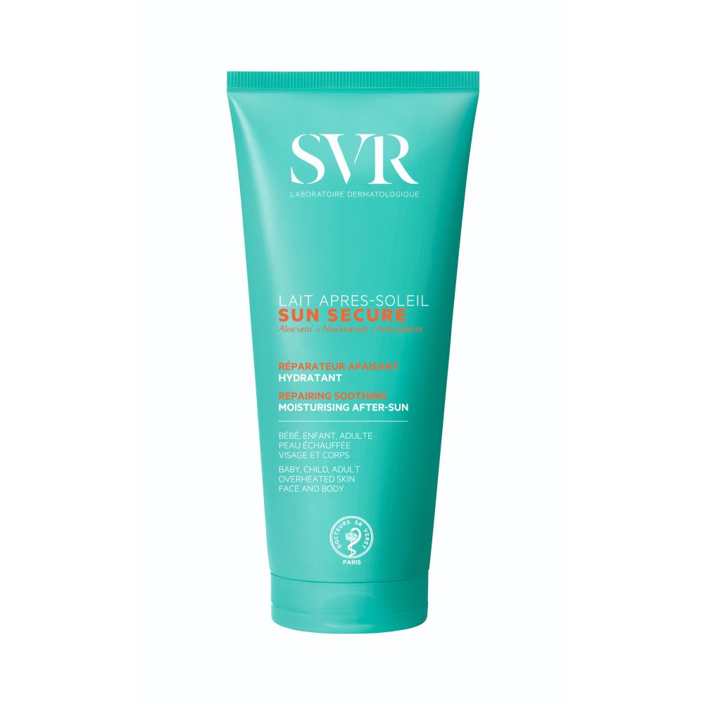 Tube turquoise avec texte blanc. "SVR" en haut, suivi de "LAIT APRES-SOLEIL SUN SECURE".