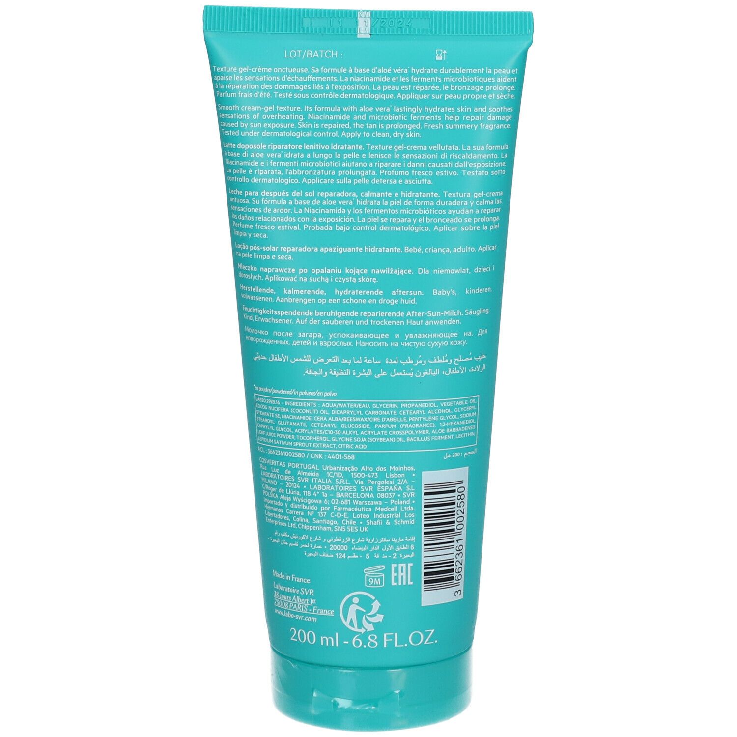 Dos d'un tube turquoise. Texte multilingue, informations et code-barres.