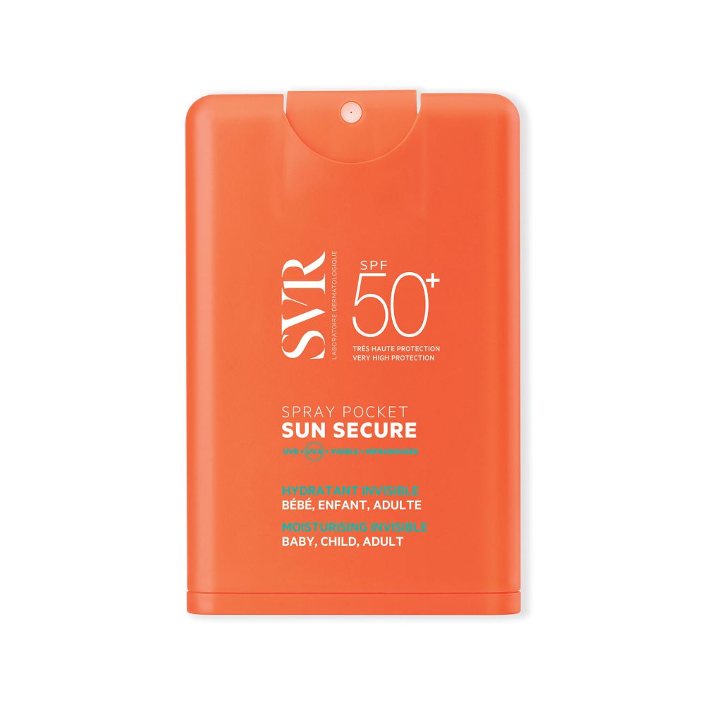 Oranje SVR SUN SECURE Spray Pocket. SPF 50+. Voor baby's, kinderen en volwassenen. Onzichtbaar.