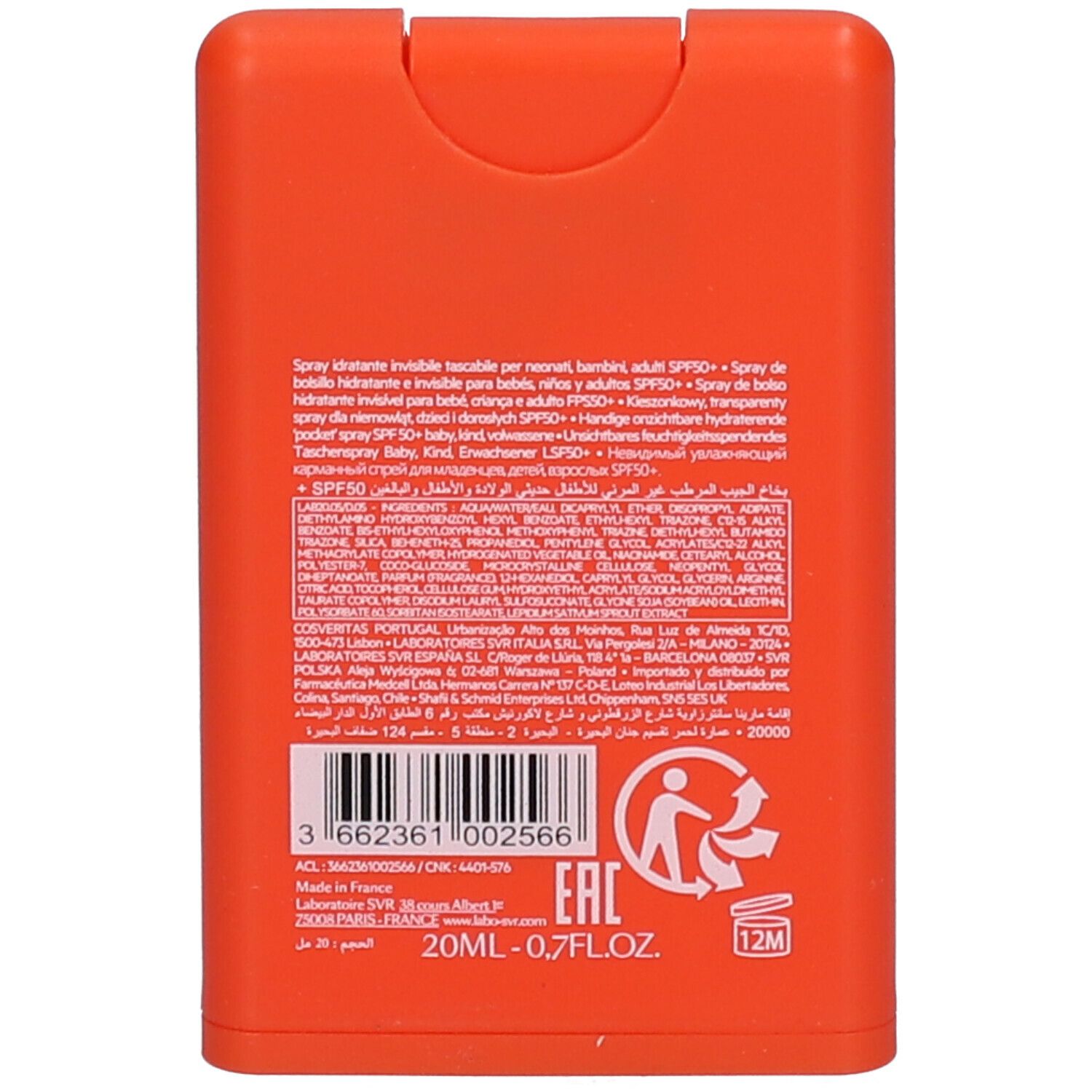 Achterkant van SVR SUN SECURE Pocket Spray. Ingrediënten, barcode, recycling symbool, 20ml.