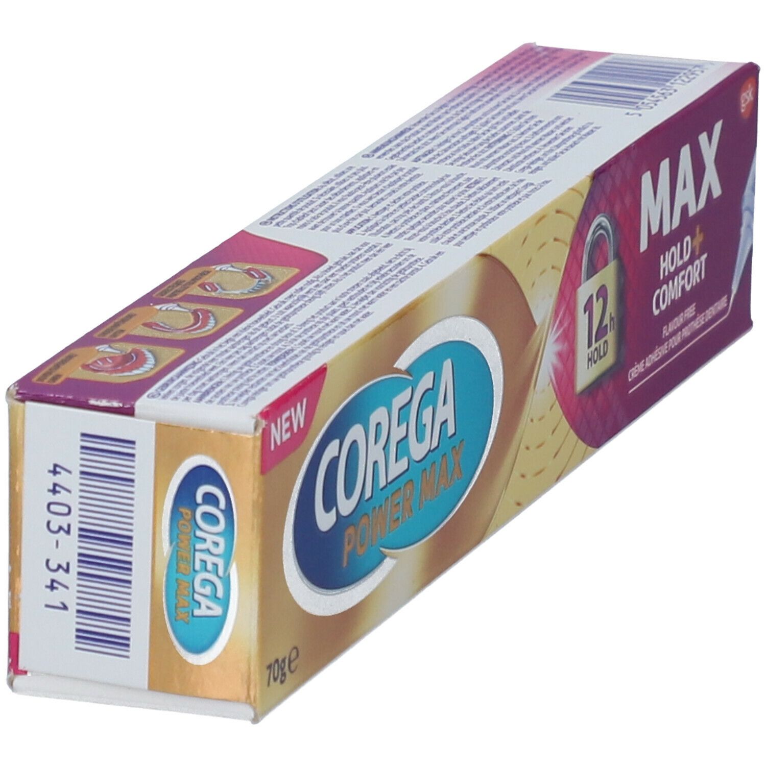 Verpakking van Corega Max Hold + Comfort. Opschrift: Corega Power Max, 70g. Barcode en andere informatie.