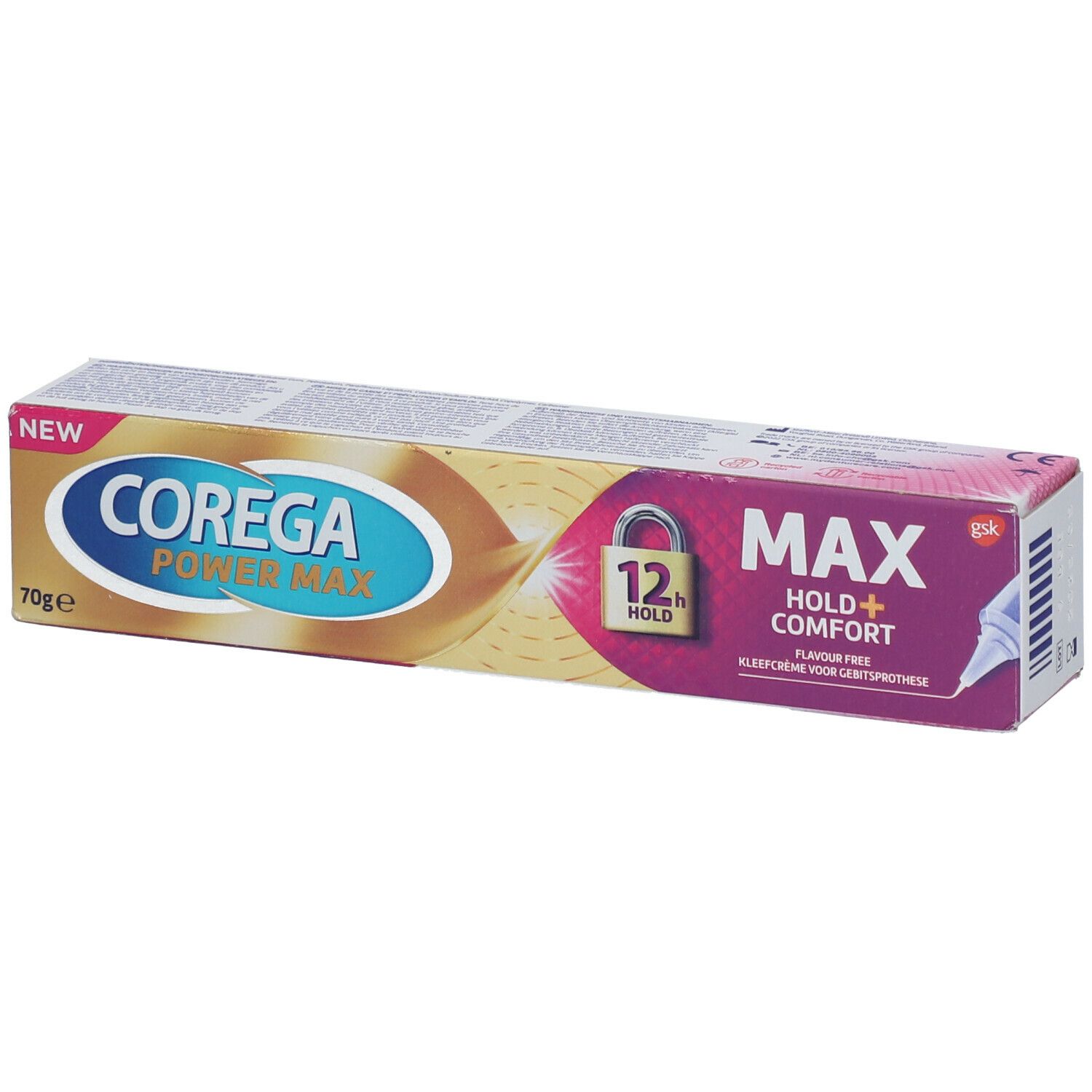 Verpakking van Corega Max Hold + Comfort. Opschrift: MAX, 12h Hold, Crème Adhésive pour Prothèse Dentaire. Kleuren: paars, goud.