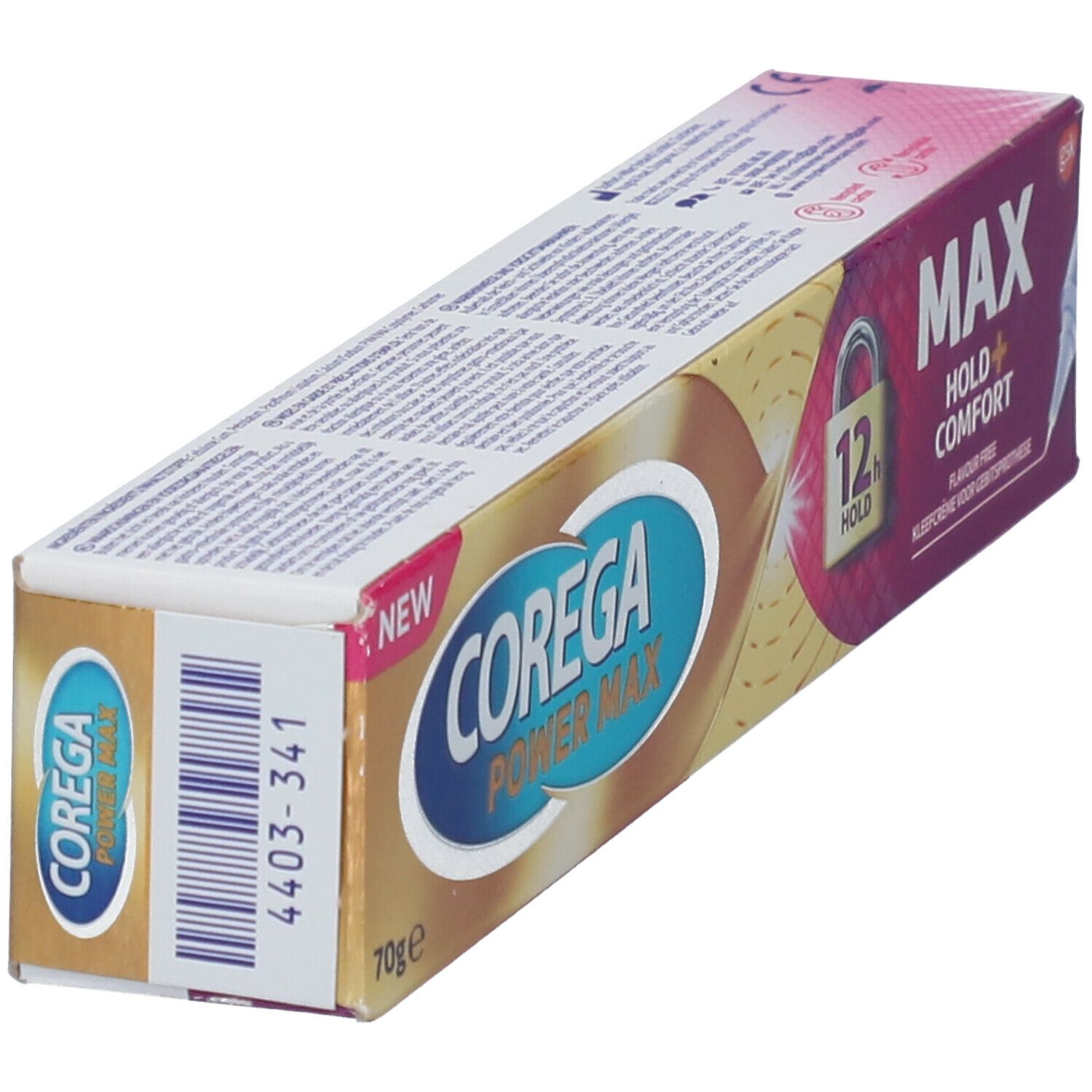 Verpakking van Corega Max Hold + Comfort. Opschrift: Corega Power Max, 70g. Kleuren: goud, paars. Hoekweergave.