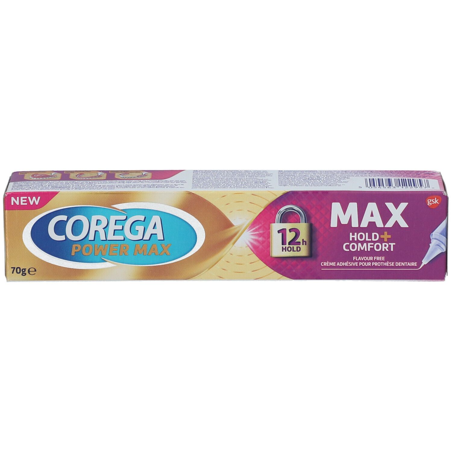 Verpakking van Corega Max Hold + Comfort. Opschrift: Corega Power Max, 70g. Kleuren: goud, paars. Hoekweergave.