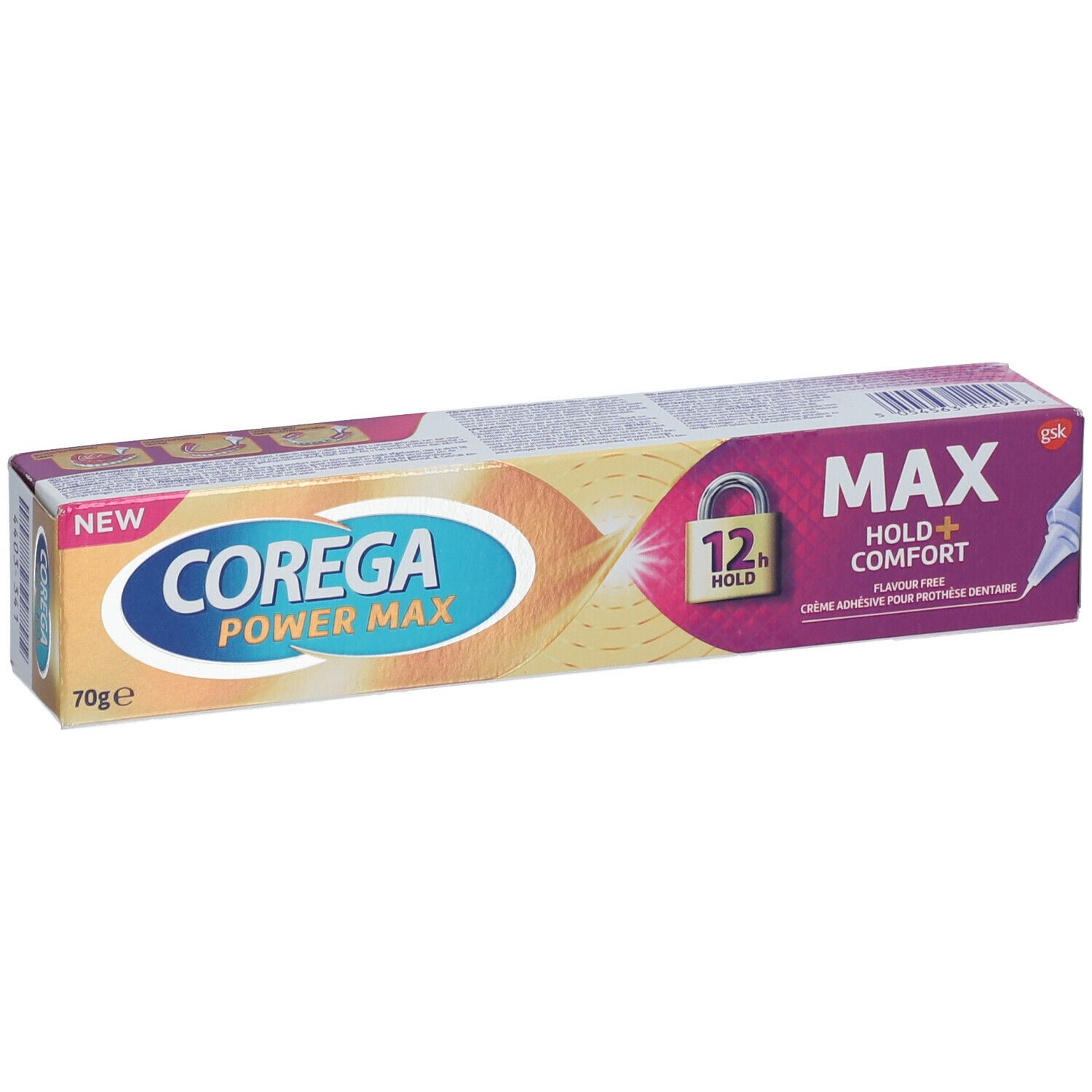 Verpakking van Corega Max Hold + Comfort. Opschrift: Corega Power Max, 70g. Kleuren: goud, paars. Hoekweergave.