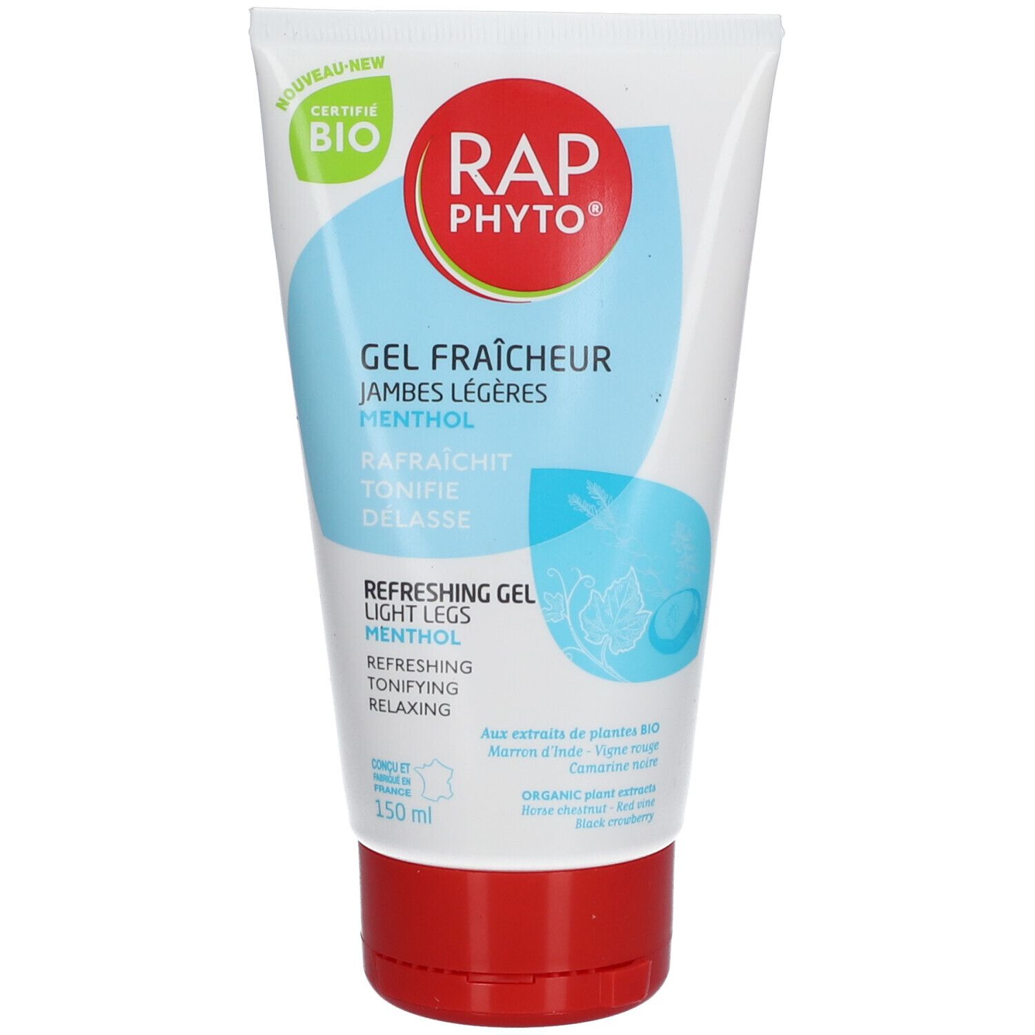 Tube blanc et bleu, bouchon rouge. Inscription: RAP PHYTO, Gel Fraîcheur Jambes Légères, Menthol. Certification bio.
