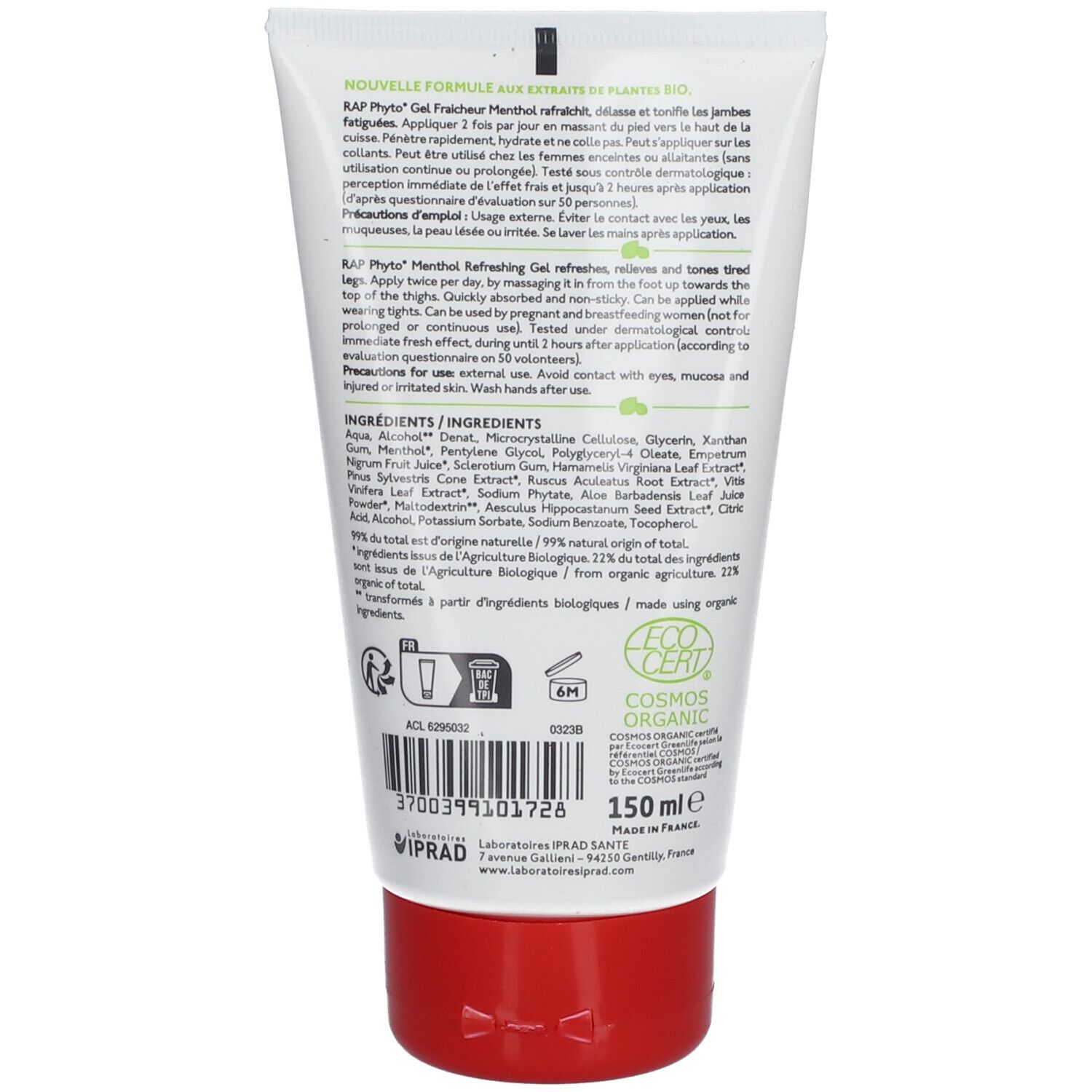 Dos du tube. Texte: RAP PHYTO, Gel Fraîcheur Jambes Légères, ingrédients, certification COSMOS ORGANIC, 150 ml.