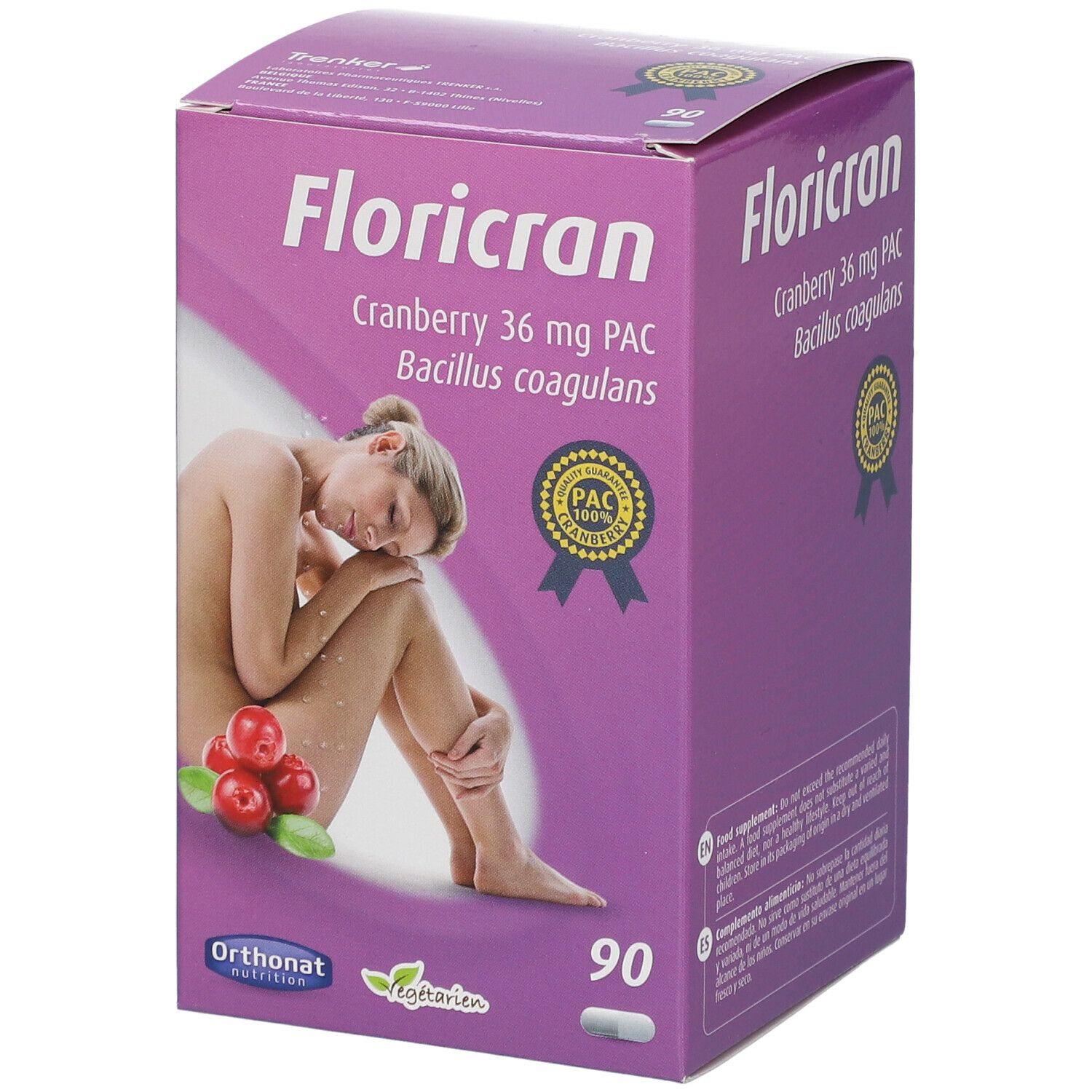 Paarse doos met Floricran-logo, cranberry en Bacillus coagulans. Afbeelding van vrouw en cranberry's.