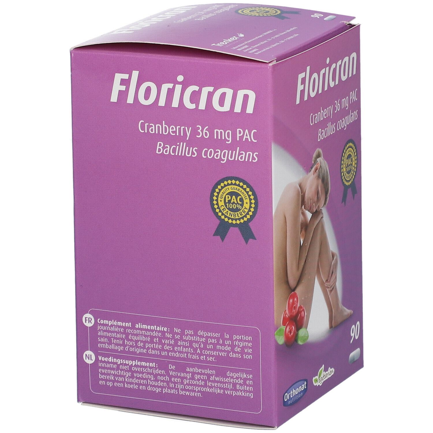 Paarse Floricran-doos met ingrediënten en vrouw. Bevat 90 capsules. Tekst in het Frans en Nederlands.
