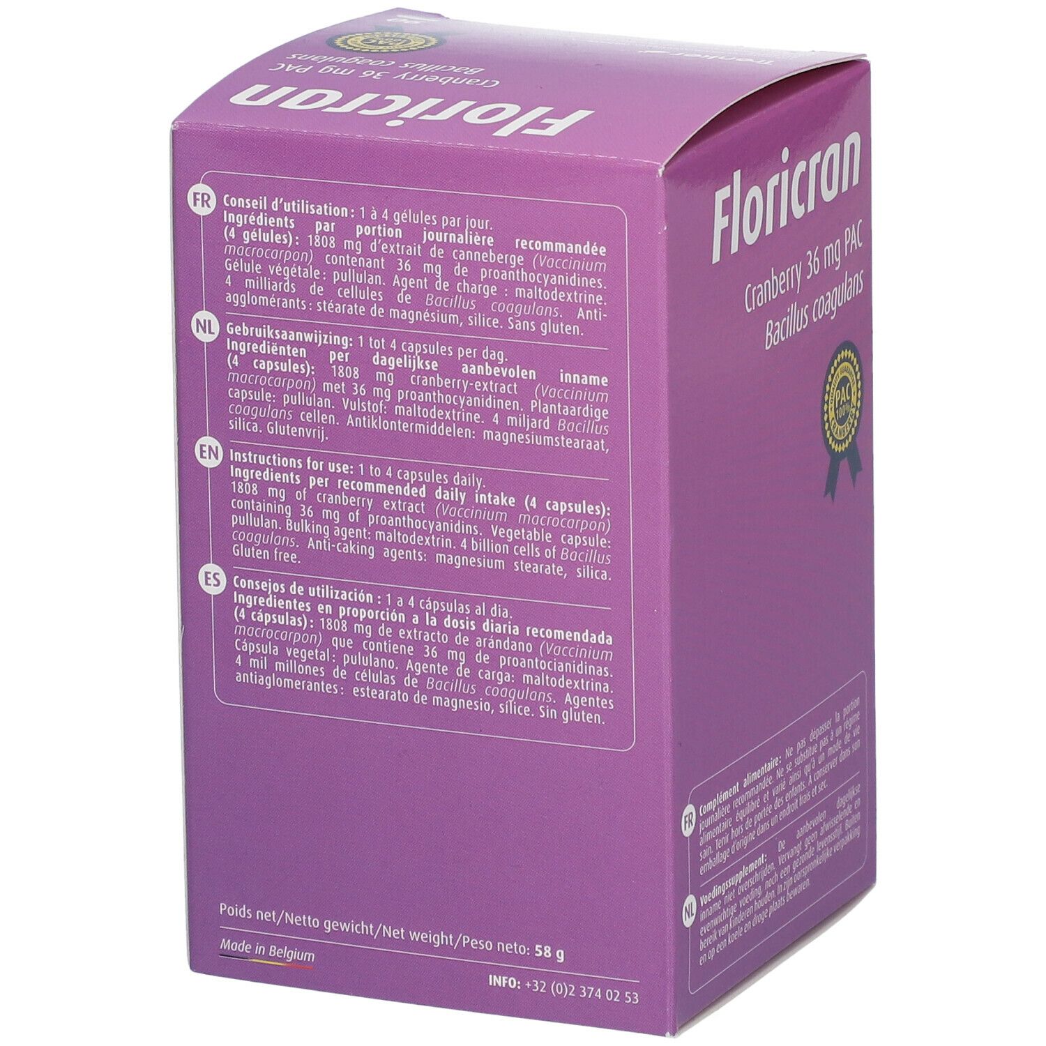 Achterkant van de paarse Floricran-doos. Bevat informatie over ingrediënten en dosering in meerdere talen.