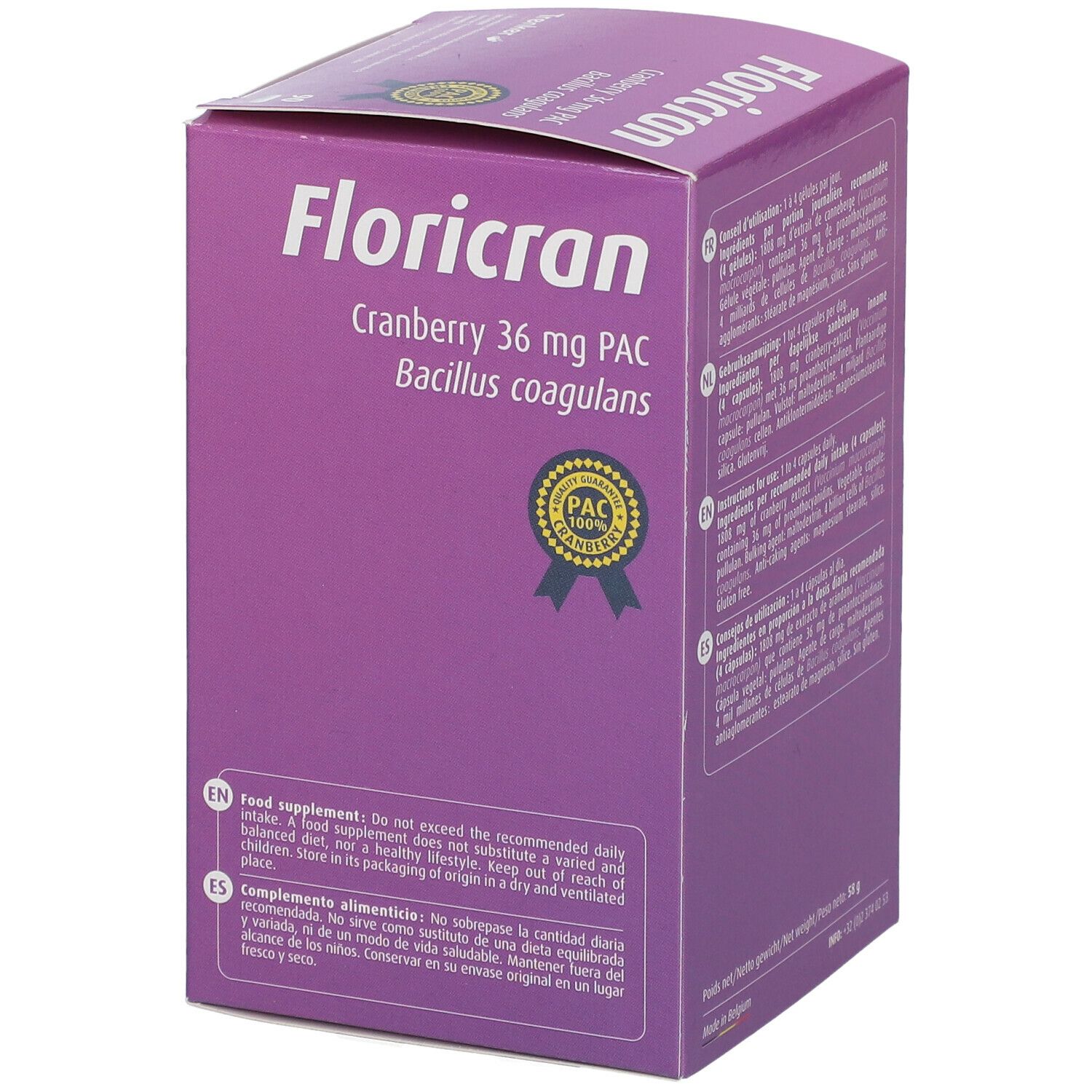 Paarse Floricran-doos met ingrediënten. Bevat 90 capsules. Tekst in het Engels en Spaans.