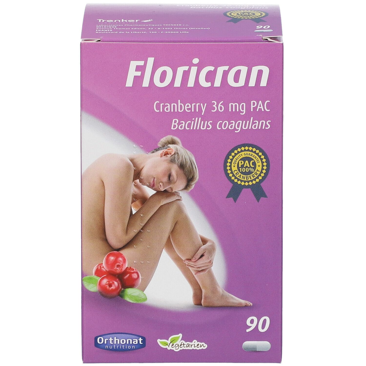 Paarse Floricran-doos met vrouw en cranberry's. Bevat 90 capsules. PAC 100% gecertificeerd.