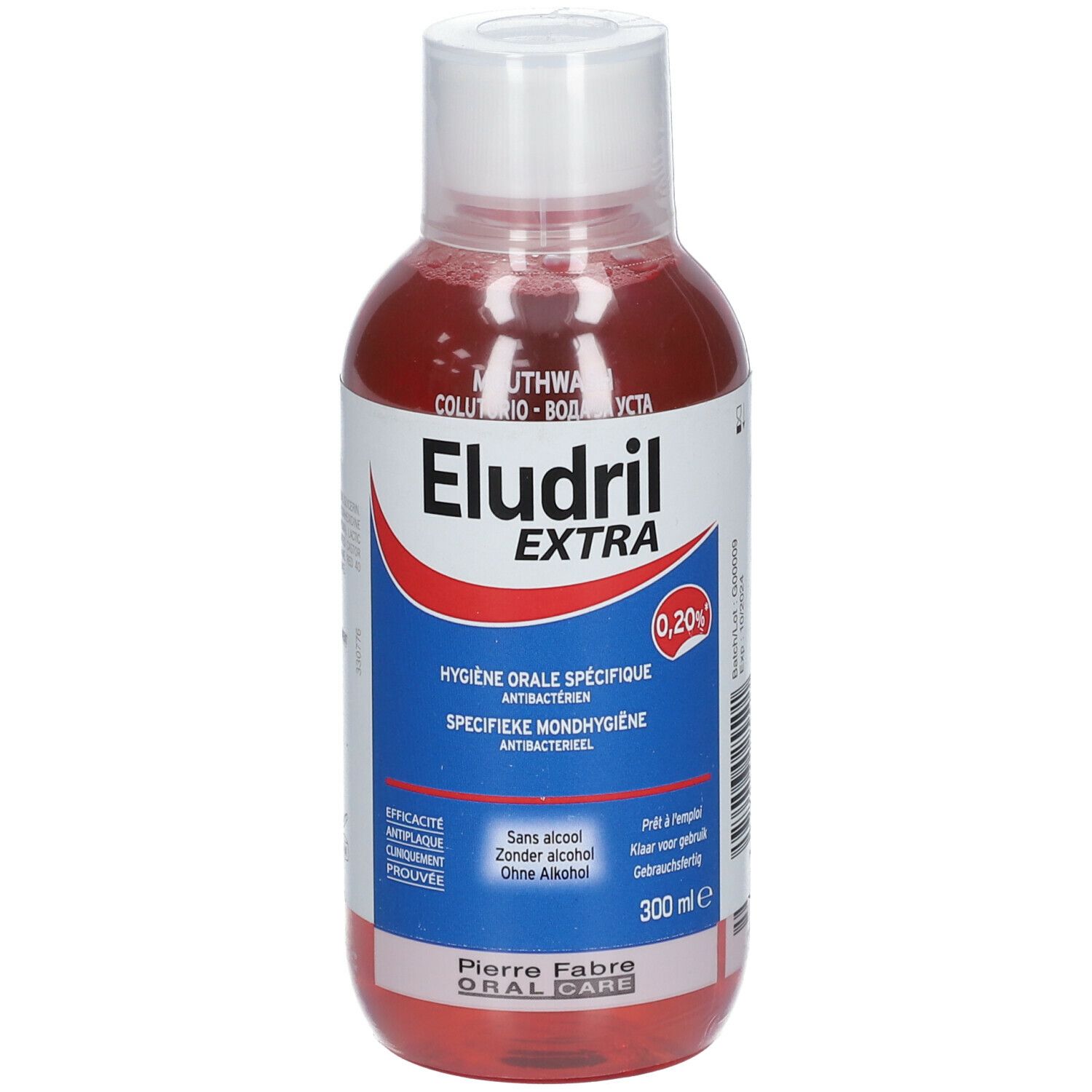 Rode vloeistof in een fles met witte dop. Opschrift: Eludril Extra, 0,20%, mondspoeling, zonder alcohol.