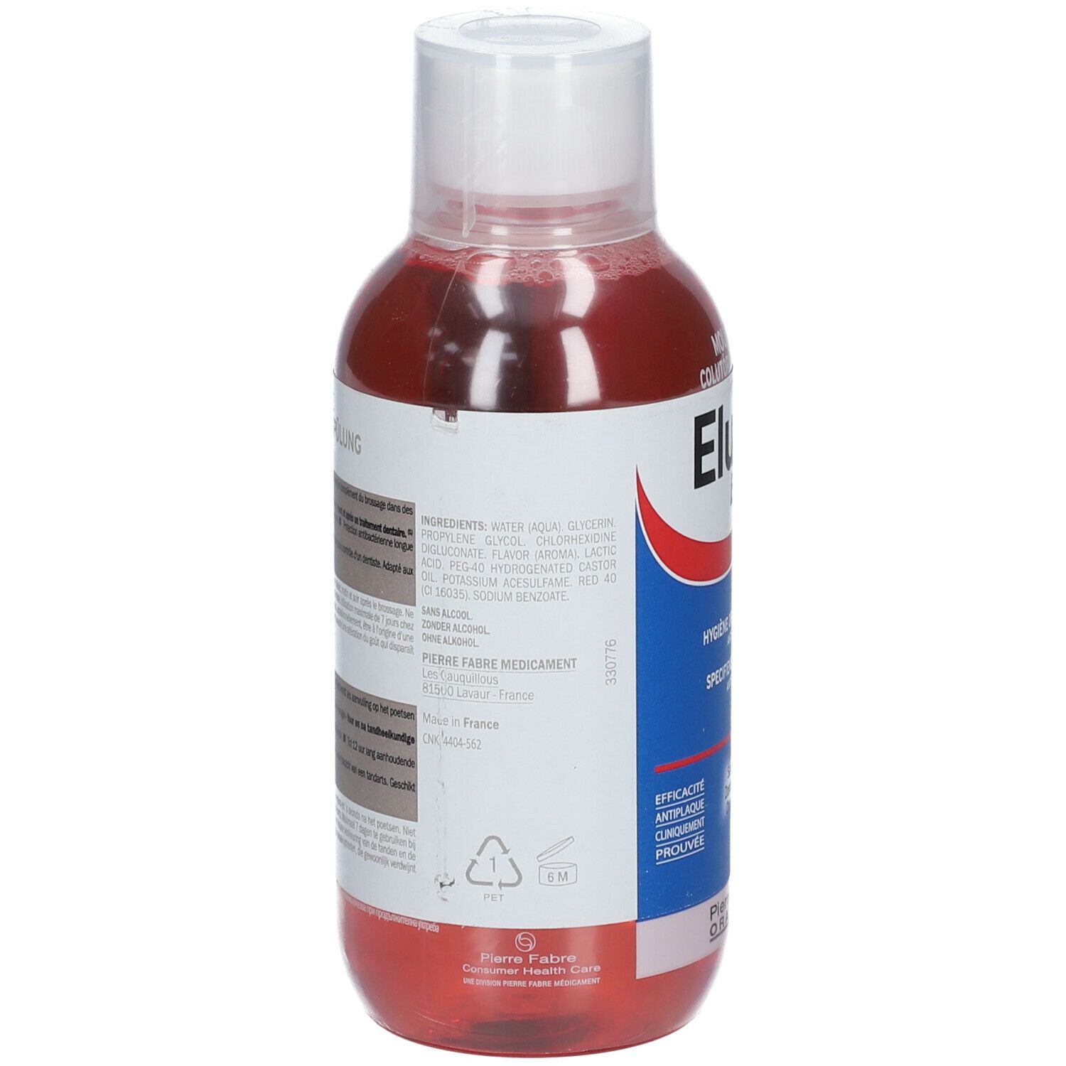 Rode vloeistof in een fles met witte dop. Achterkant met ingrediënten en fabrikantinfo.