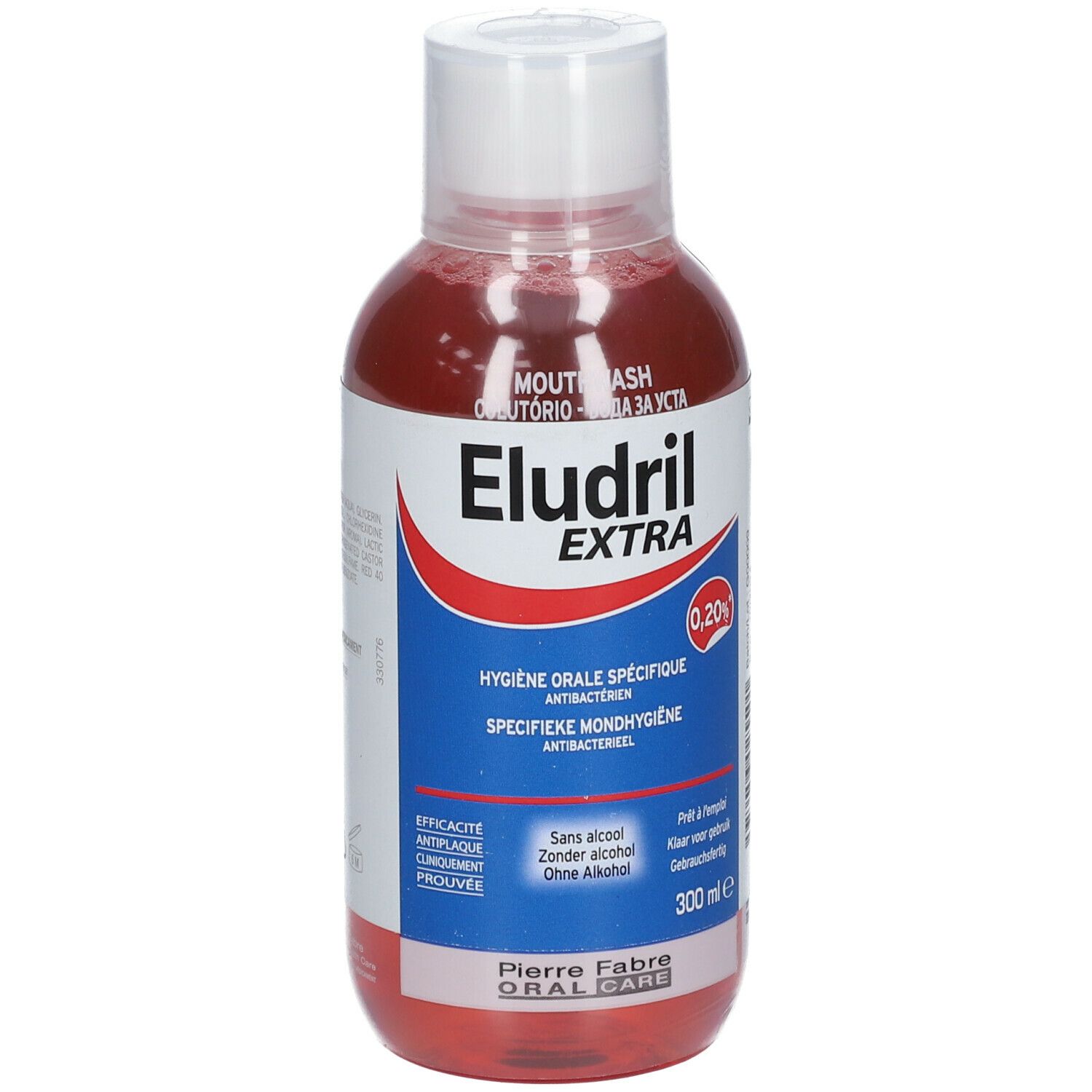 Rode vloeistof in een fles met witte dop. Opschrift: Eludril Extra, 0,20%, mondspoeling, zonder alcohol.