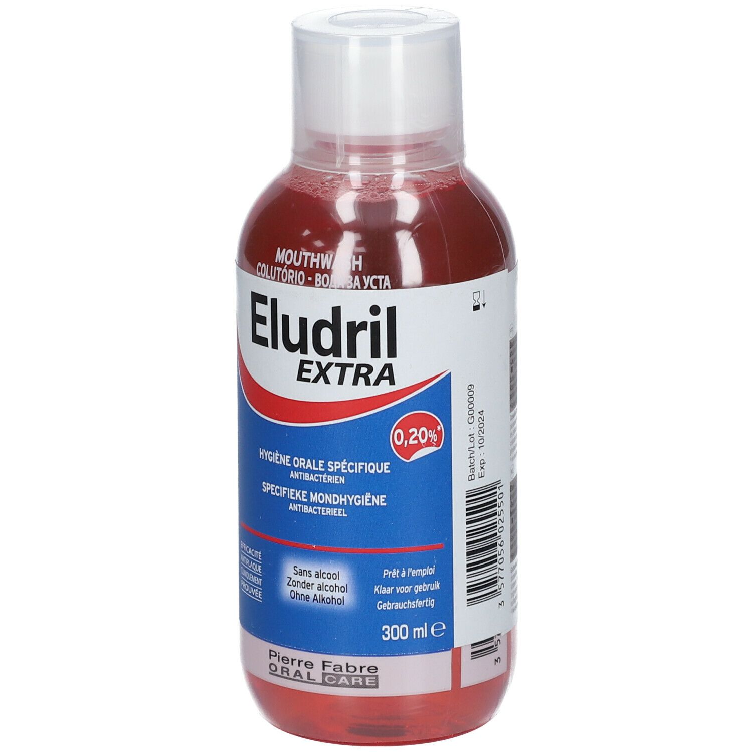 Rode vloeistof in een fles met witte dop. Opschrift: Eludril Extra, 0,20%, mondspoeling, zonder alcohol, 300 ml.