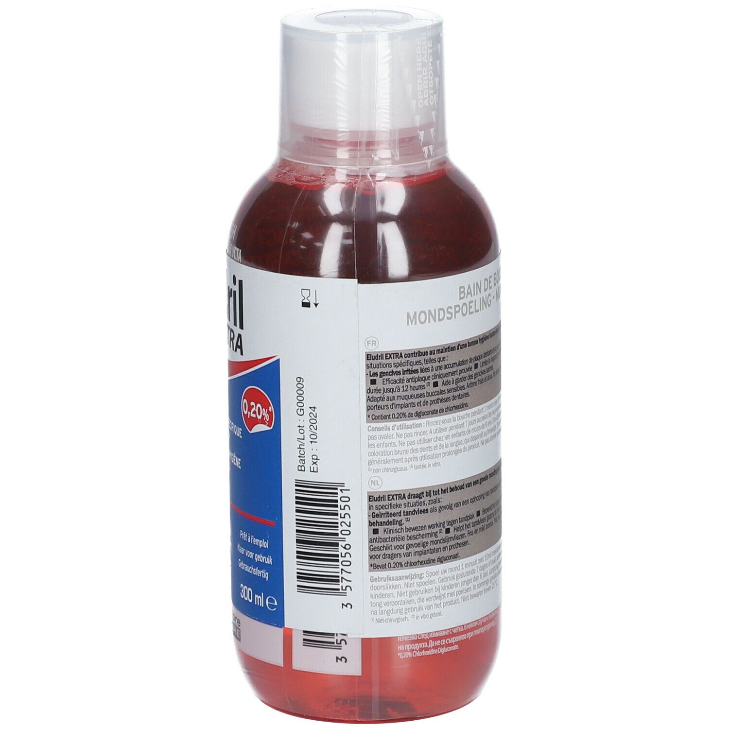Rode vloeistof in een fles met witte dop. Achterkant met tekst, batchnummer en vervaldatum.