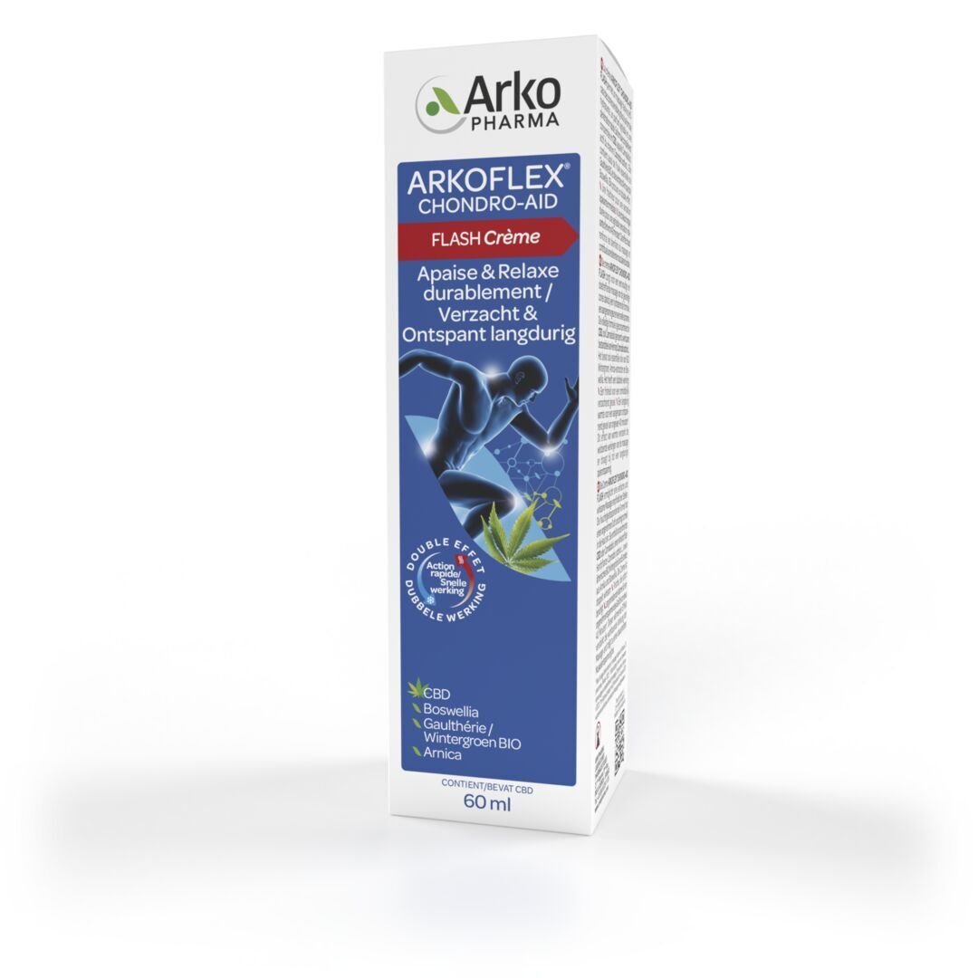 Emballage. Marque: Arkopharma. Nom: Chondro-Aid Arkoflex Flash Creme. Contient du CBD. 60 ml.