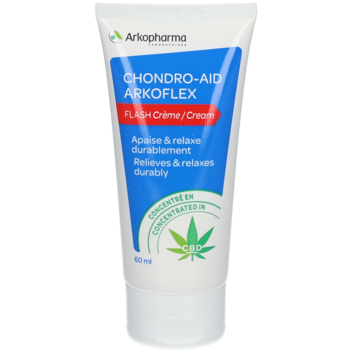Tube de crème blanche avec texte bleu. Contient du CBD. Marque: Arkopharma. Nom: Chondro-Aid Arkoflex Flash Creme. 60 ml.